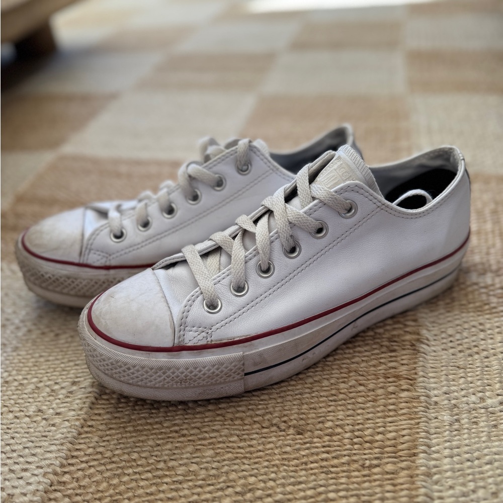 Converse low top platform white leather Sneakers with Red Accents